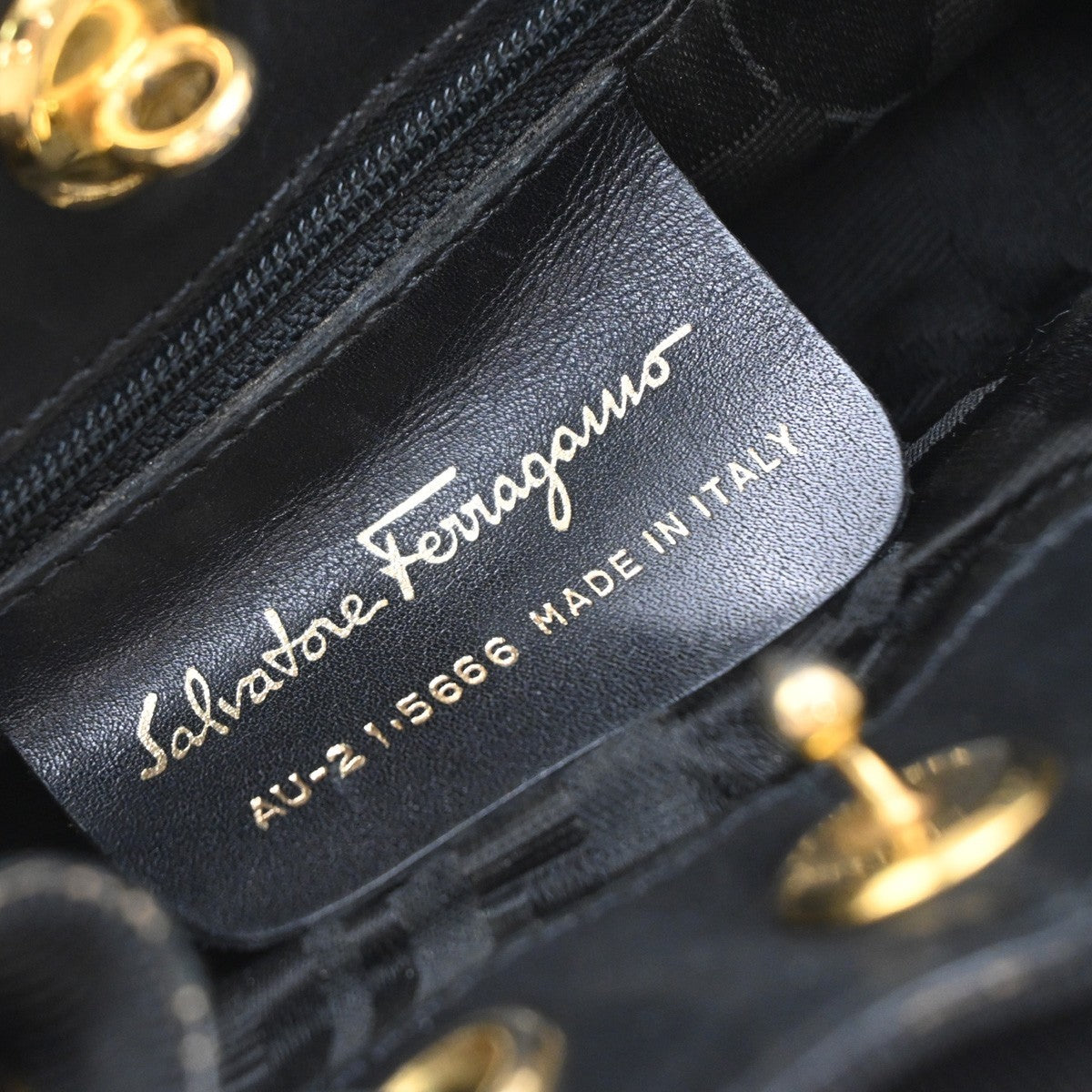 SALVATORE FERRAGAMO Vara Chain Backpack Bag Canvas Leather Black GHW 68EG222