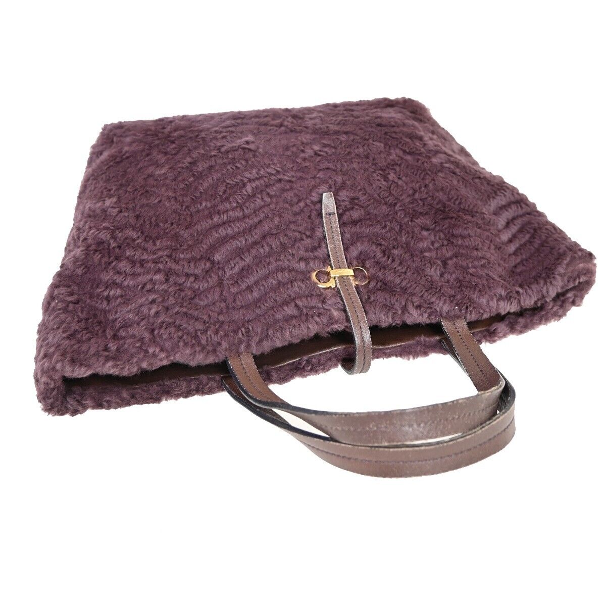 SALVATORE FERRAGAMO Logo Gancini Hand Bag Fur Leather Purple GHW Italy 09YD551