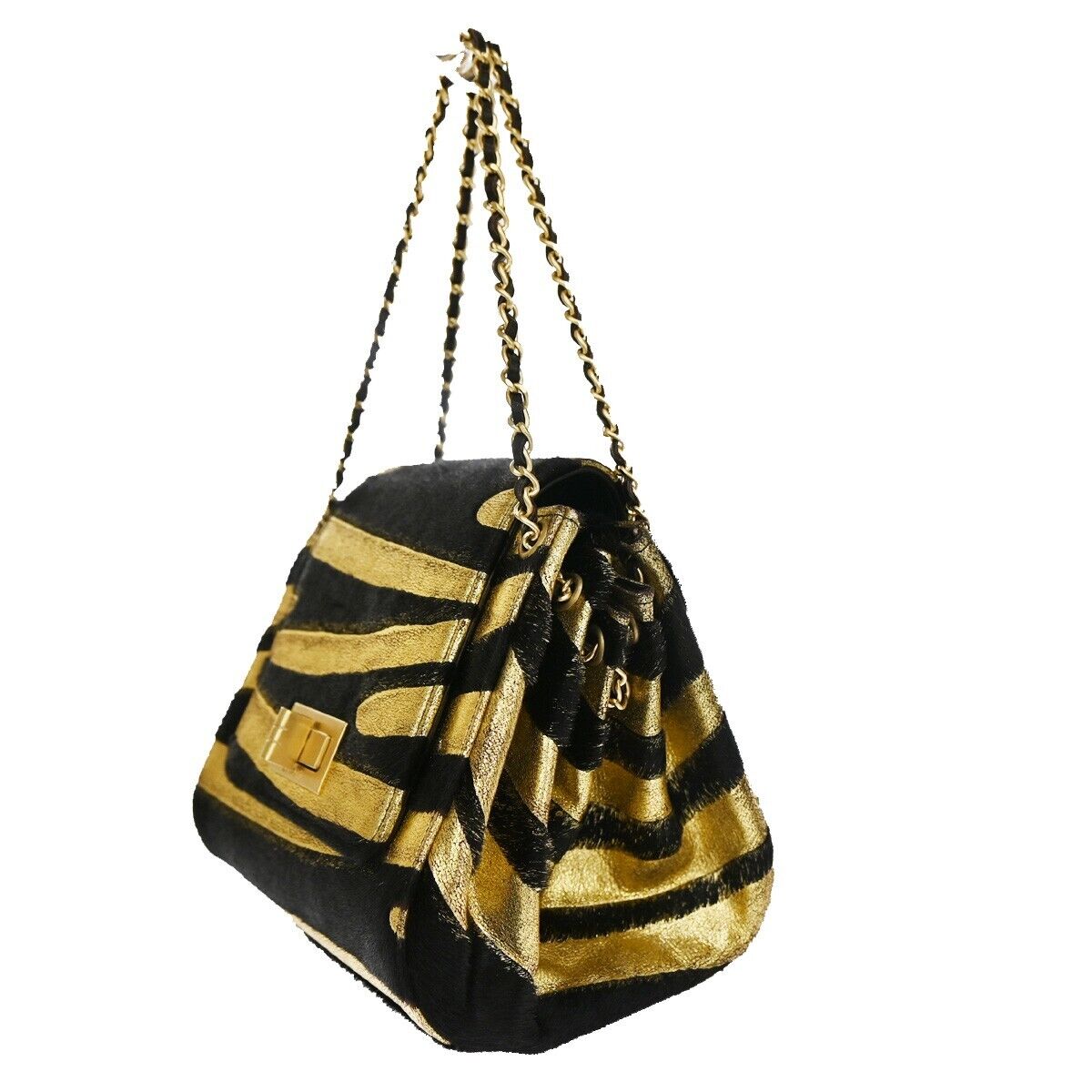 CHANEL 2.55 Zebra Chain Mini Hand Bag Fur Leather Black Gold France 629RH277