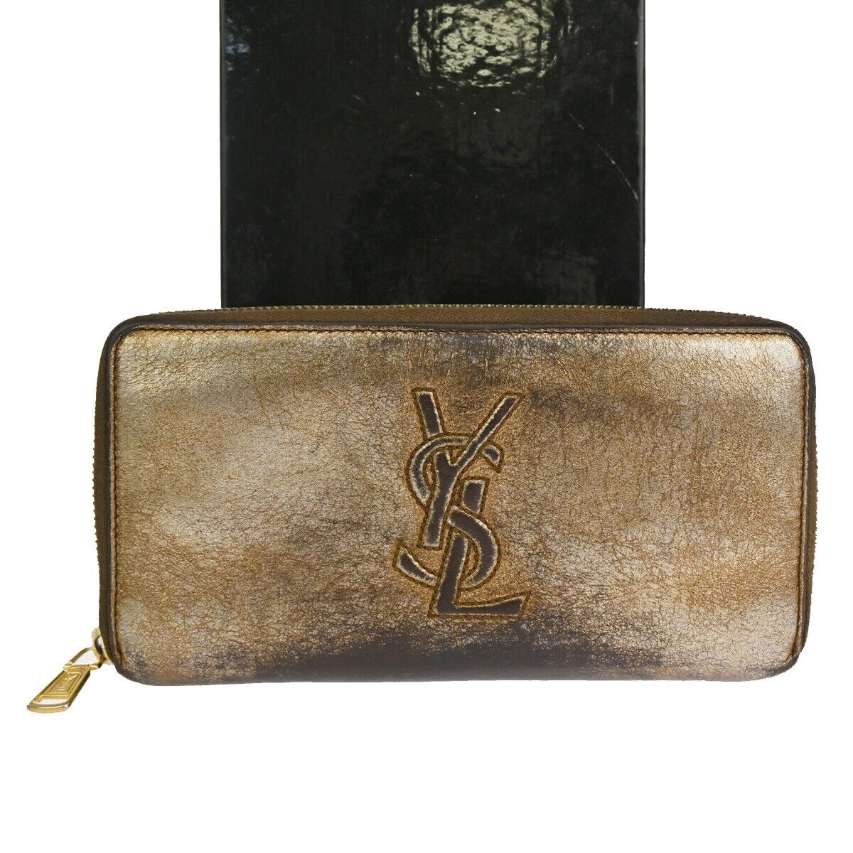 YVES SAINT LAURENT Logo Long Zipper Wallet Purse Leather Metallic Gold 07HB850