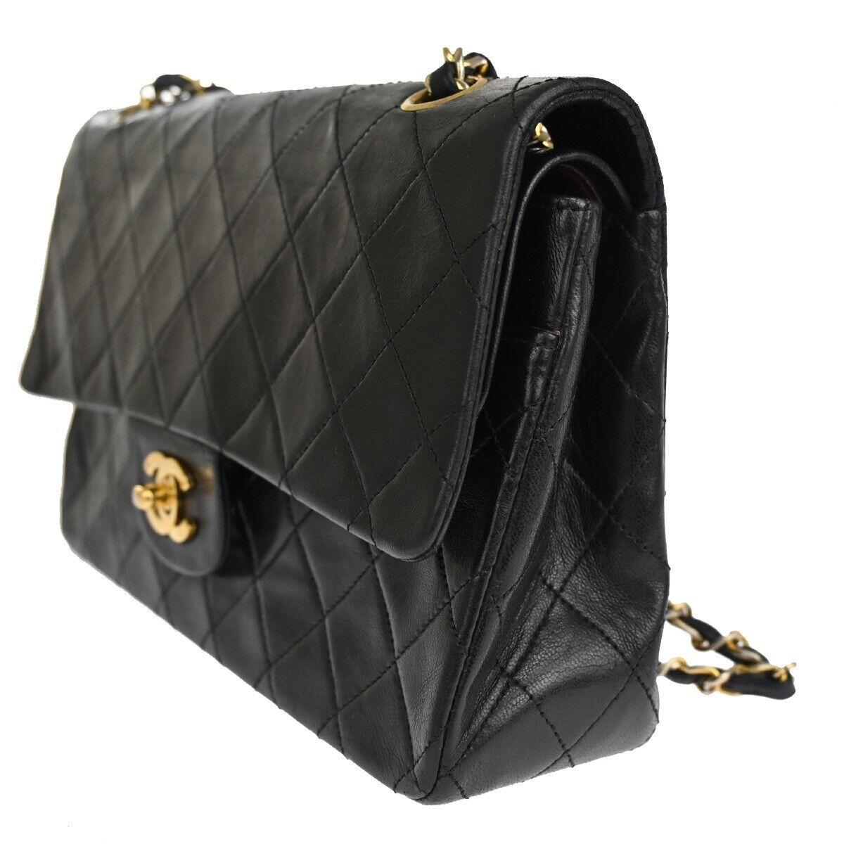 CHANEL CC Matelasse 25 Double Flap Chain Shoulder Bag Leather Black GHW 898RJ228