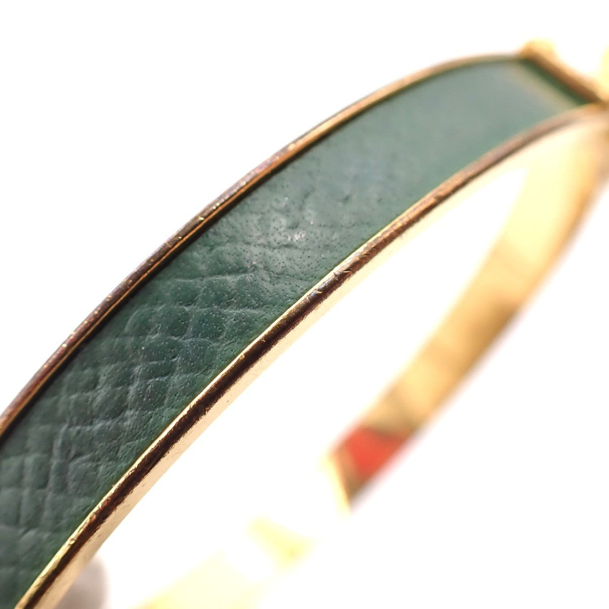 HERMES Logo Kelly Charm Bangle Bracelet Embossing Leather Green Gold 62KP350