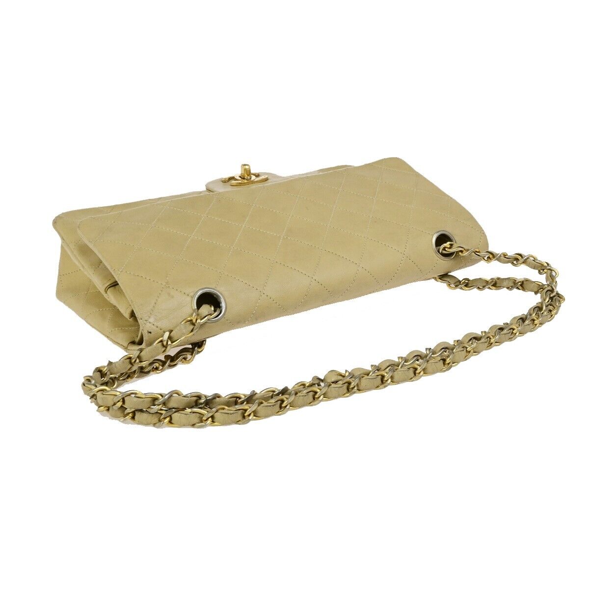 CHANEL CC Matelasse 25 Double Flap Chain Shoulder Bag Leather Beige GHW 636FB329