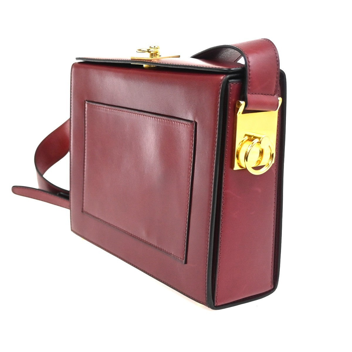CELINE Logo Ring Shoulder Box Bag Leather Burgundy Italy GHW 38CA859