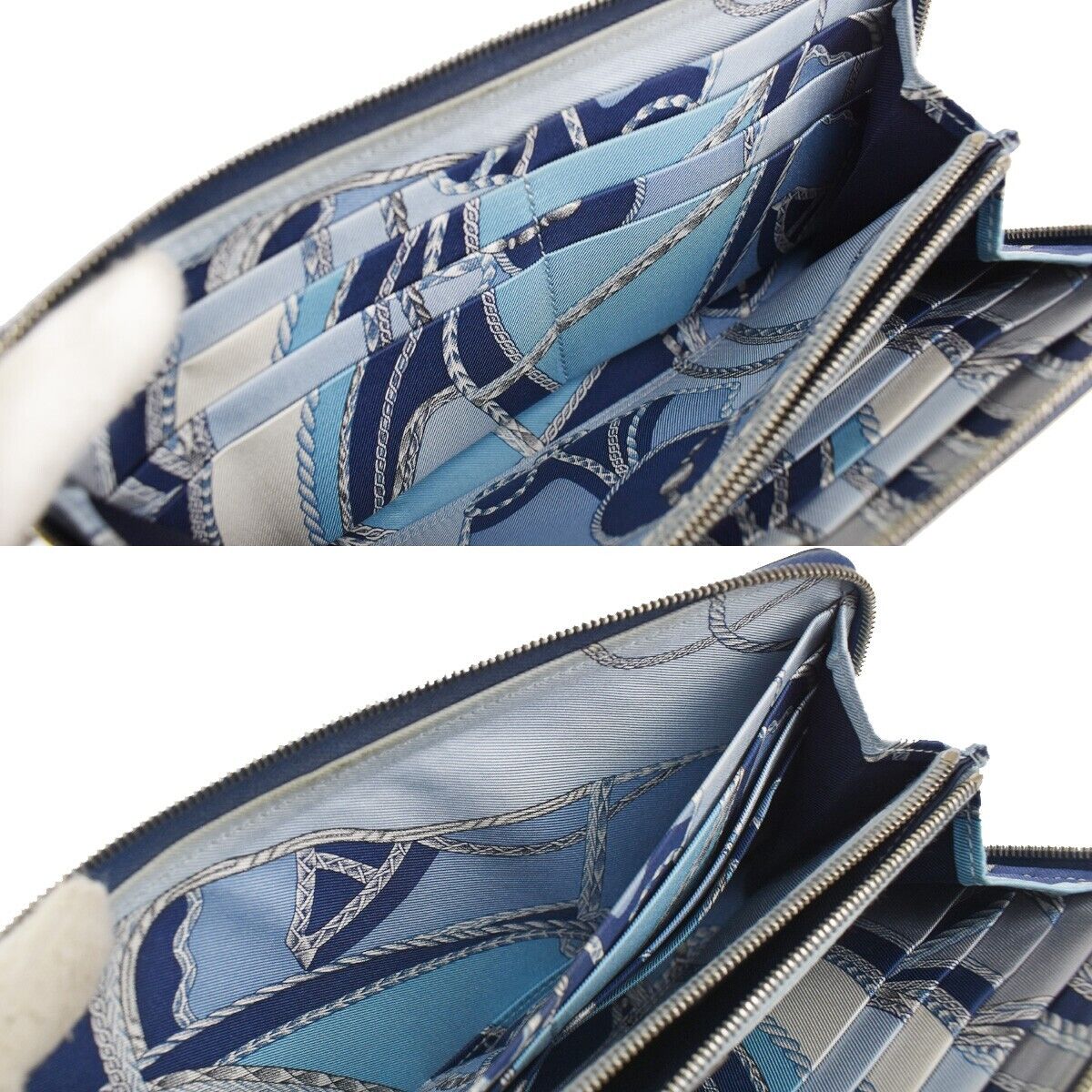 HERMES Azap Silk In Long Zipper Bifold Wallet Purse Leather Blue Silver 37JH641