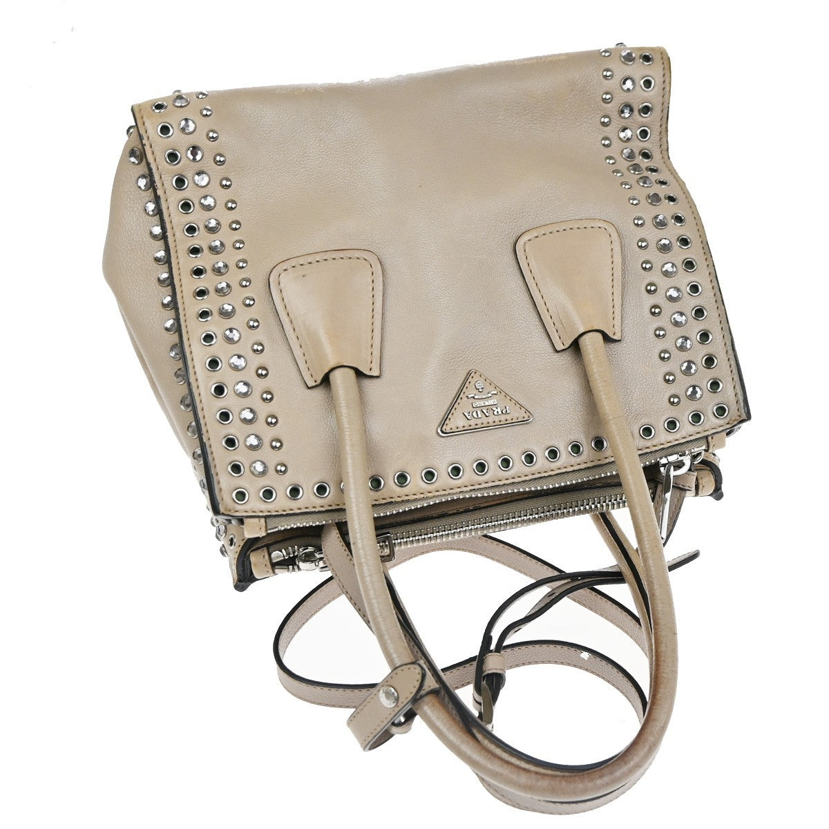 PRADA Studs 2Way Shoulder Hand Bag Leather Rhineston Beige GHW Spain 33TA590