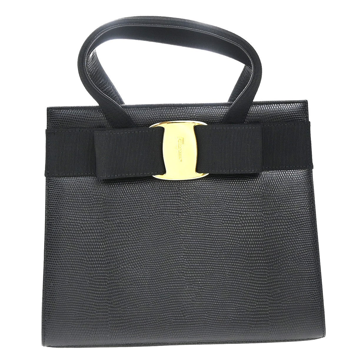 SALVATORE FERRAGAMO Logo Vara Hand Bag Embossing Leather Black Gold 62EG282
