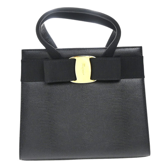 SALVATORE FERRAGAMO Logo Vara Hand Bag Embossing Leather Black Gold 62EG282