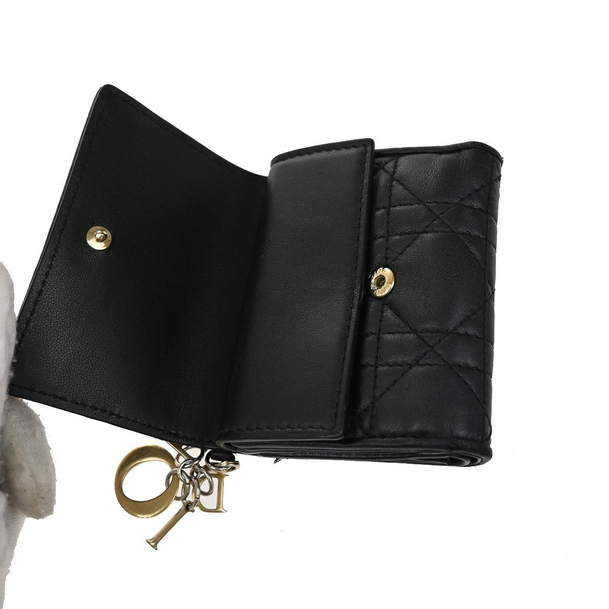 CHRISTIAN DIOR Cannage Charm Trifold Compact Wallet Leather Black GHW 65KB466