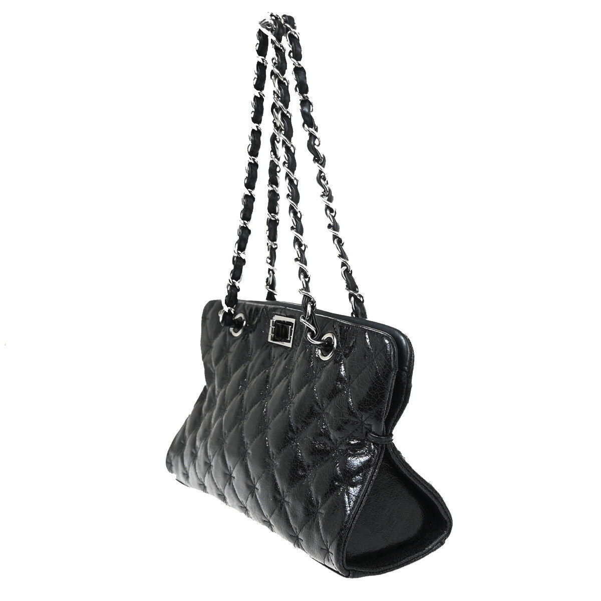 CHANEL Logo 2.55 Chain Shoulder Bag Patent Leather Black SHW 691RJ755
