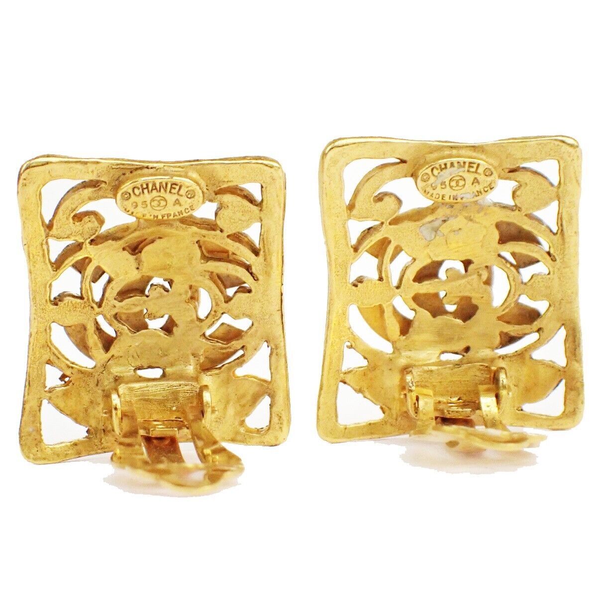 CHANEL CC Logo Earrings Square Clip-On  Gold 95A France Accessory 16RF017