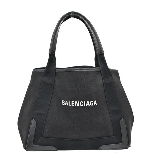 BALENCIAGA Logo Navy Cabas S Hand Bag Canvas Leather Black Italy 65EF883