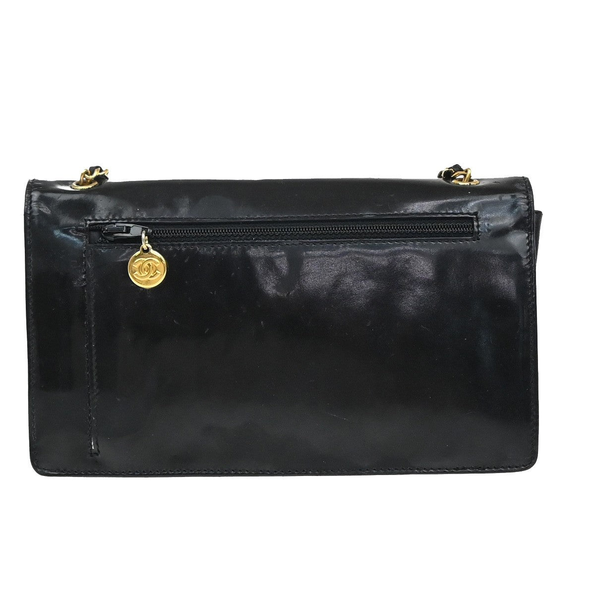 CHANEL CC Logo Mini Chain Wallet Shoulder Bag Patent Leather Black GHW 76RF666