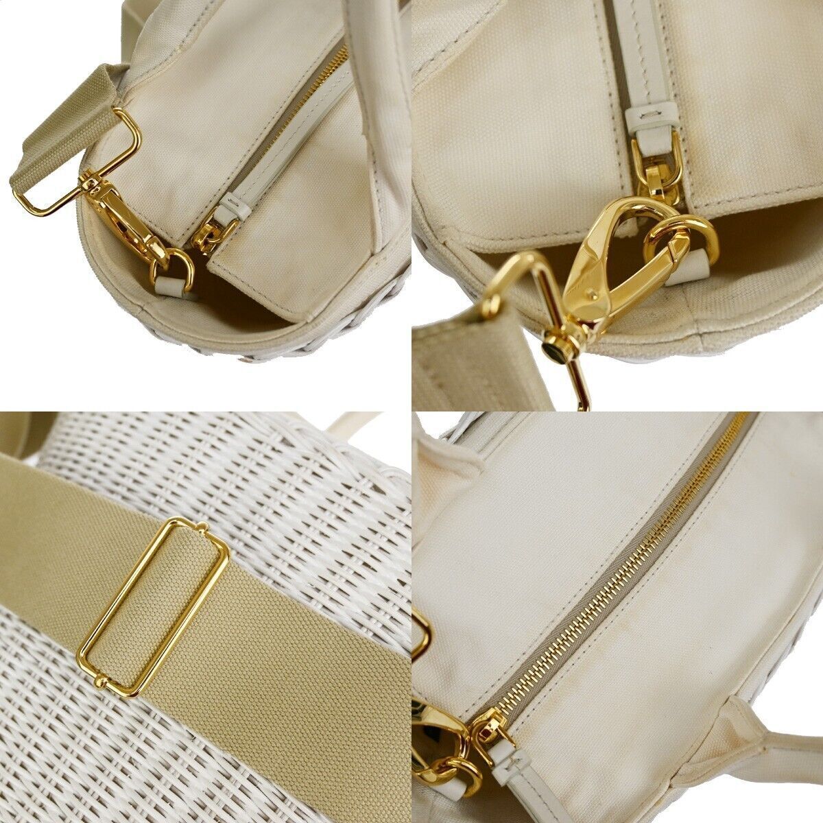 PRADA Logo Midollino Wicker 2Way Shoulder Hand Bag Canvas Leather White 686RH260