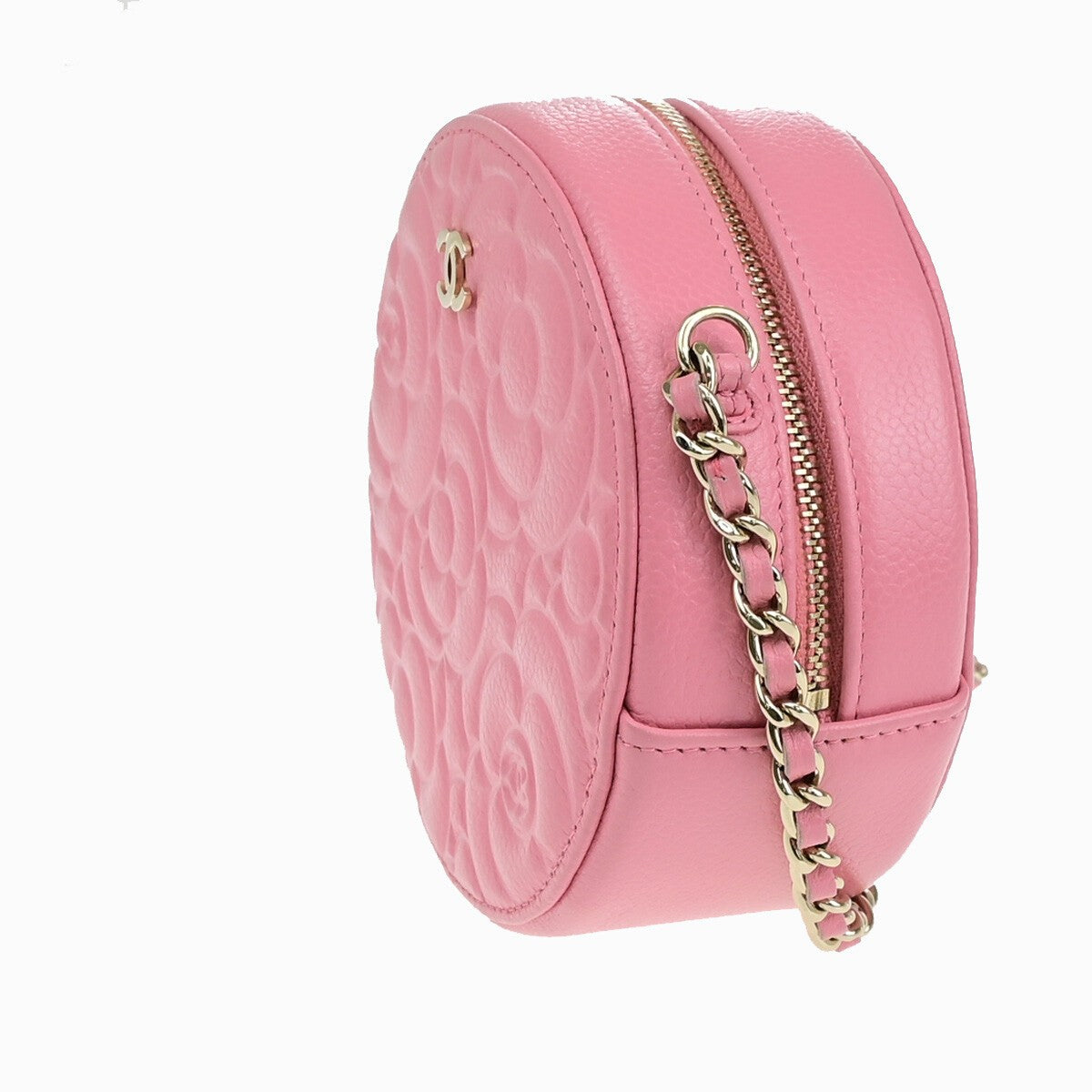 CHANEL CC Logo Camellia Round Mini Chain Shoulder Bag Grained Pink 337RK175