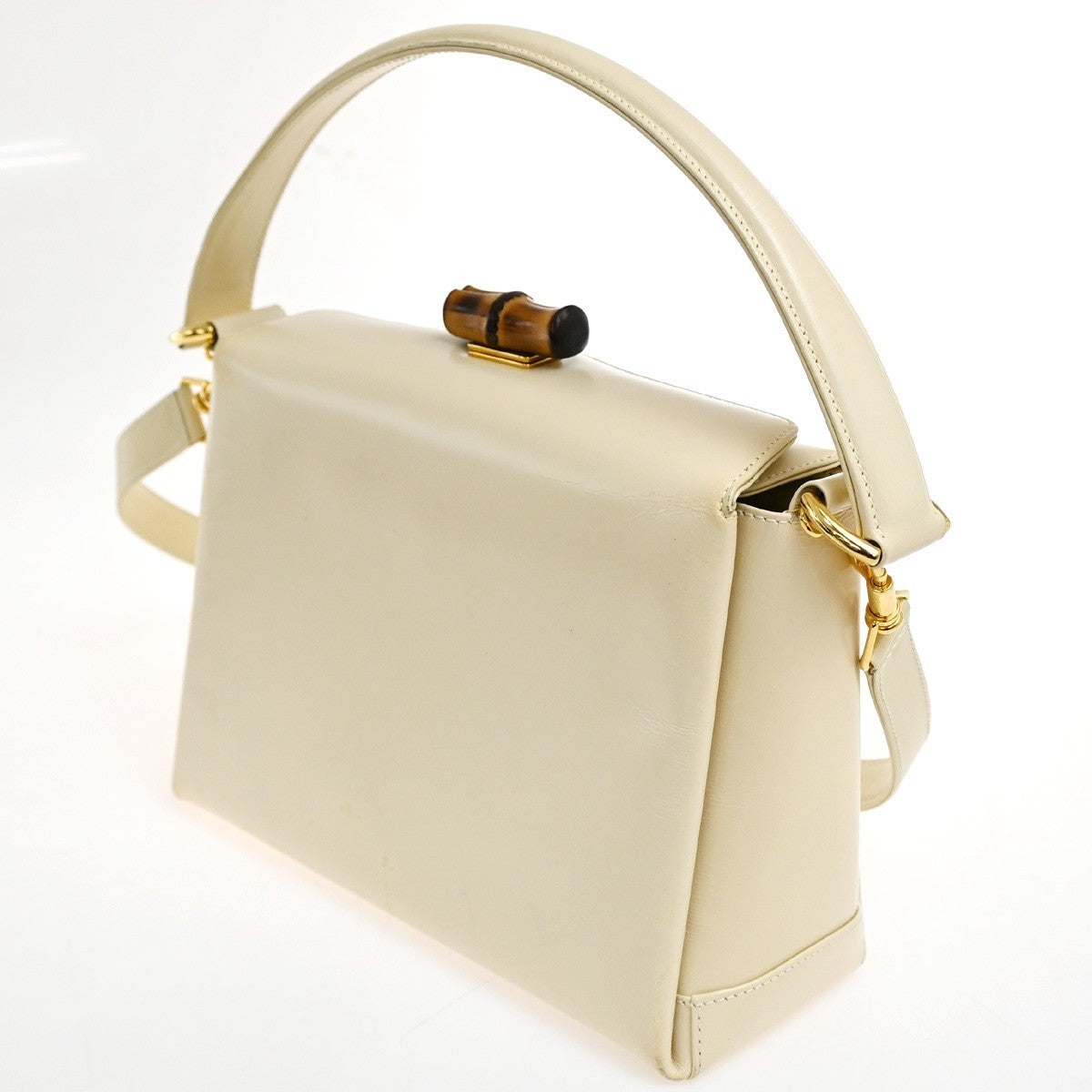 GUCCI Logo Bamboo 2Way Shoulder Hand Bag Leather Beige GHW Italy 34CA516