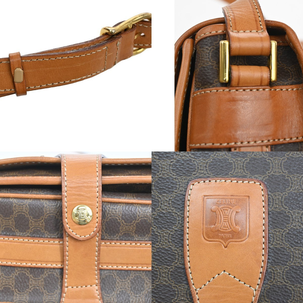 CELINE Logo Macadam Pattern Shoulder Bag PVC Leather Brown GHW Italy 35CA072