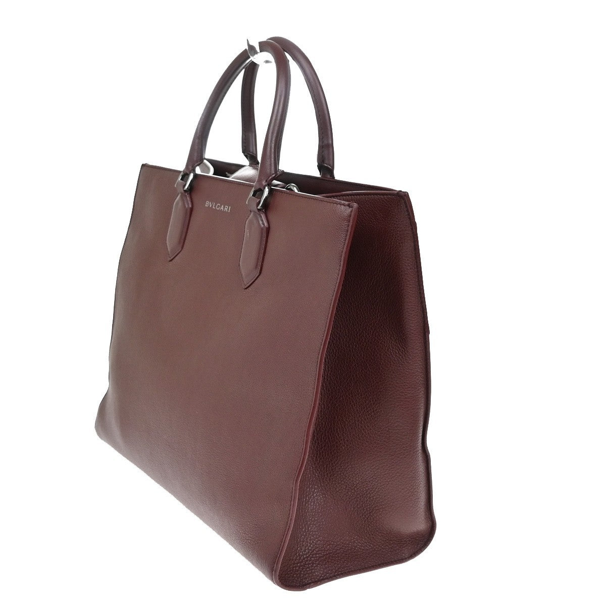 BVLGARI Logo Tote Hand Bag Leather Red Burgundy SHW Italy 98KB533