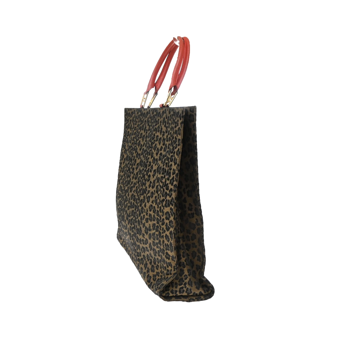 FENDI Logo Leopard Pattern Hand Bag Canvas Leather Brown Red Italy 38KD067