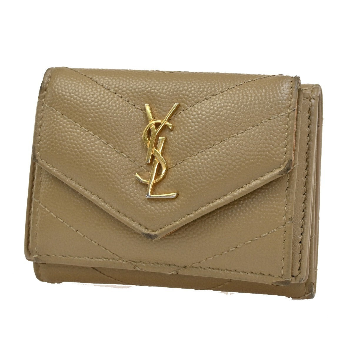 SAINT LAURENT YSL Logo Trifold Compact Wallet Leather Beige Gold Italy 66EE858