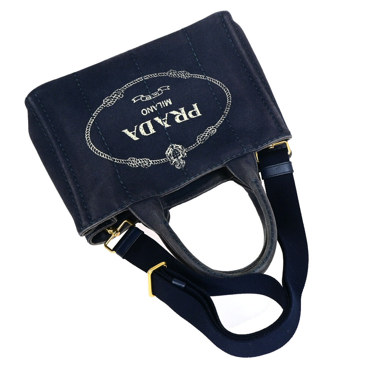 PRADA Logo CANAPA 2Way Shoulder Hand Bag Canvas Leather Navy Blue GHW 86SJ071