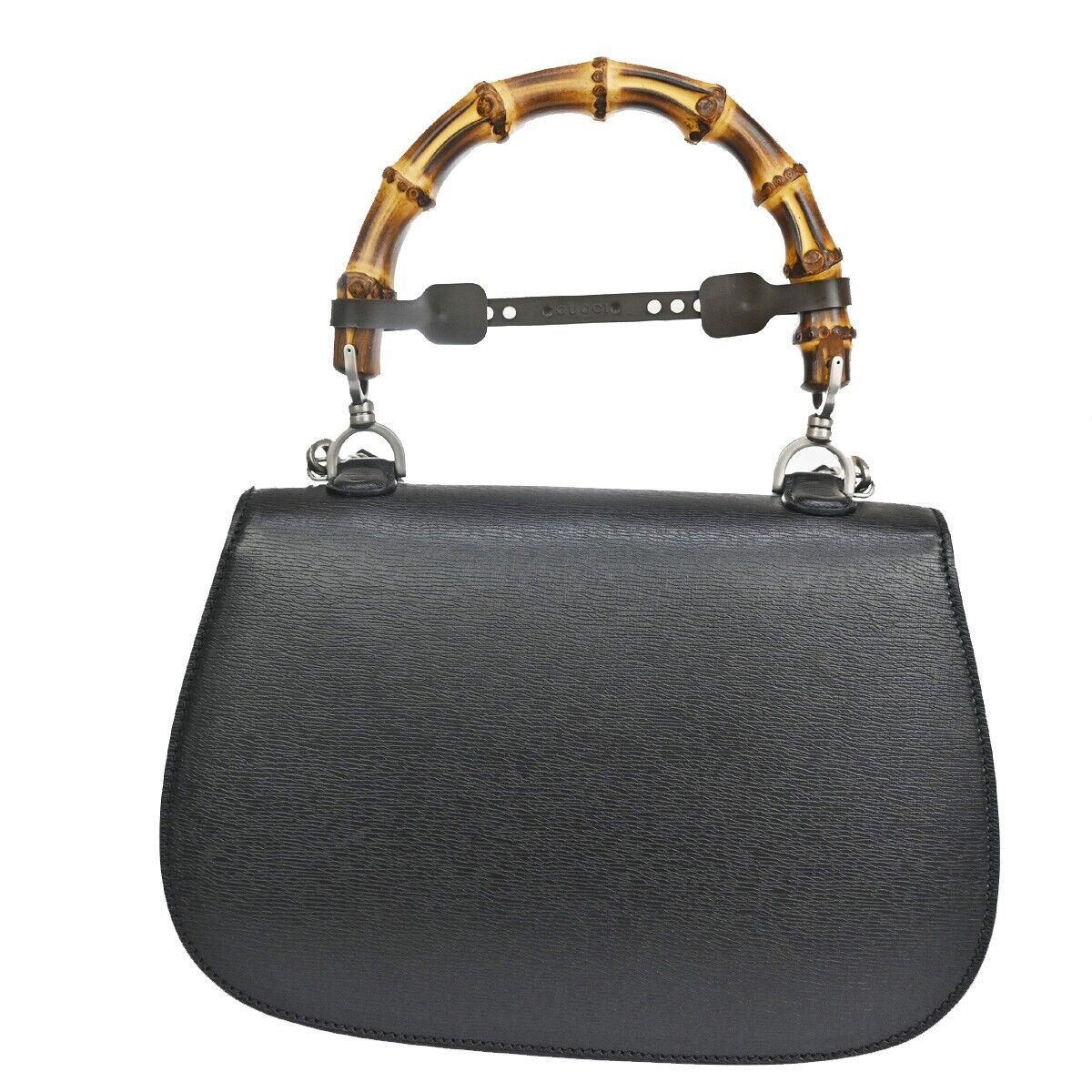 GUCCI Logo Bamboo 2Way Shoulder Hand Bag Leather Black Silver Italy 629RH724
