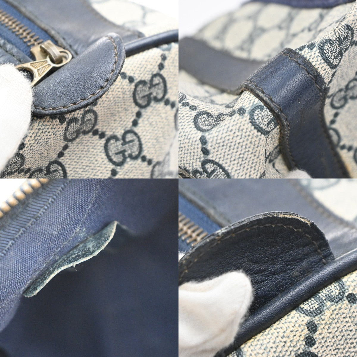 GUCCI Logo GG Pattern Sherry Boston Hand Bag PVC Leather Navy Blue Italy 68MA649