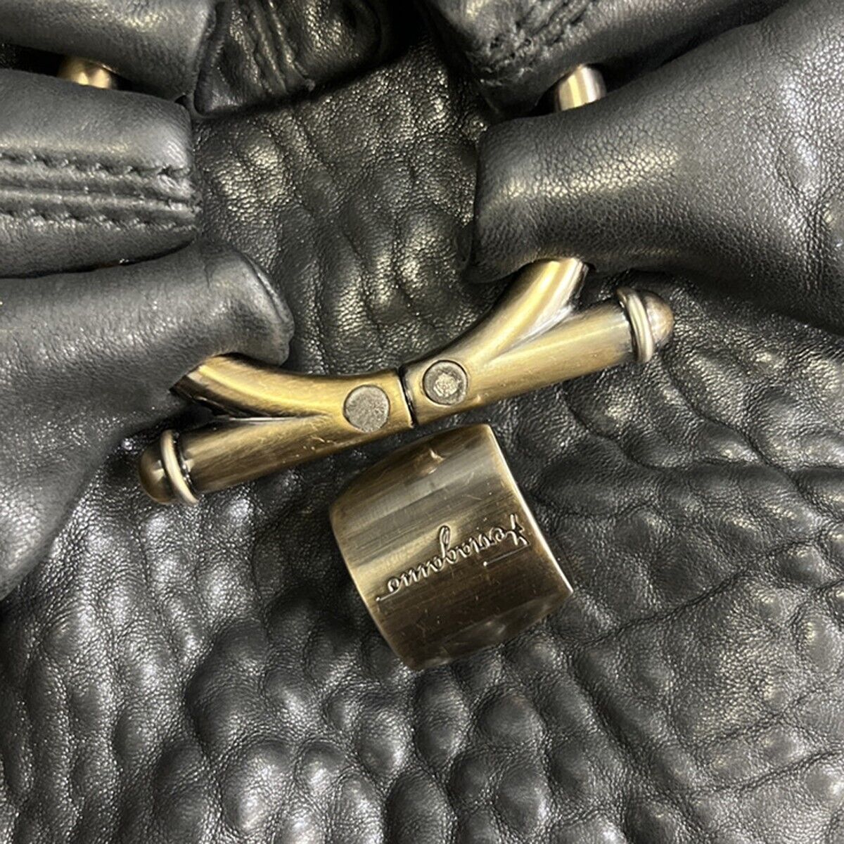 SALVATORE FERRAGAMO Logo Gancini Shoulder Tote Bag Leather Black  Italy 68DA065