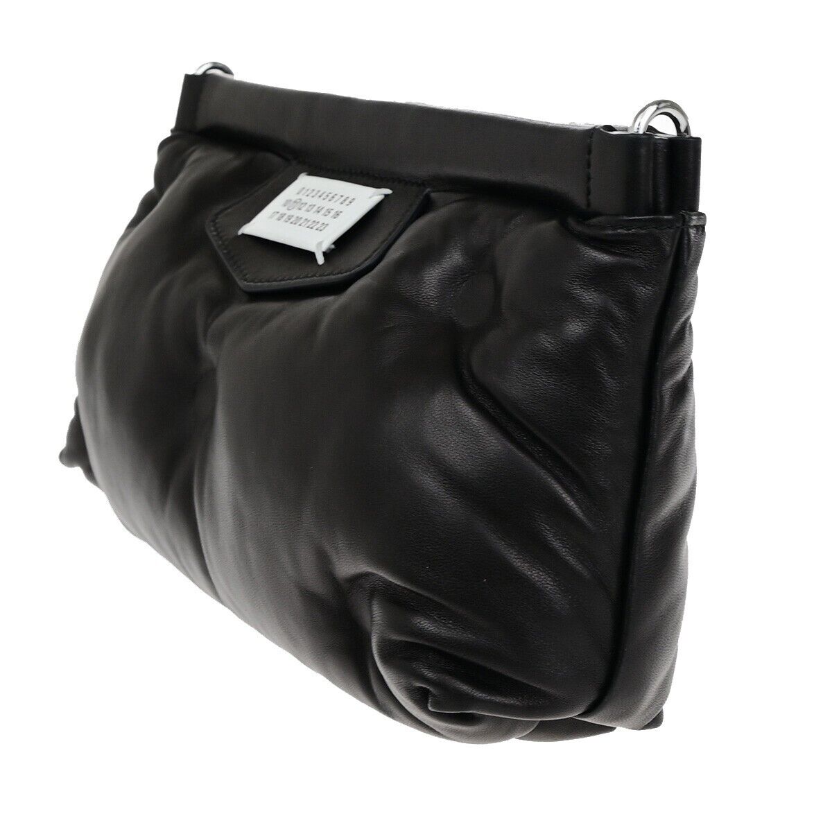 MAISON MARGIELA Logo Glam Slam Chain Clutch Hand Bag Leather Black Silve 40RF146