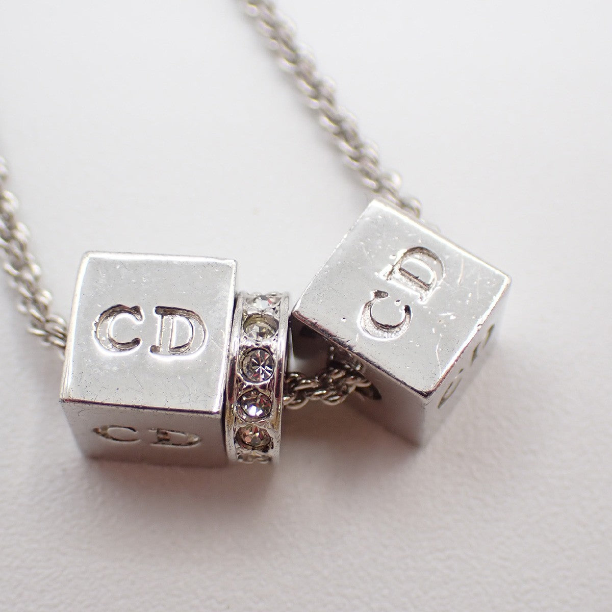 CHRISTIAN DIOR D Logo Dice Charm Necklace Rhinestone Silver Accessory 02KB500