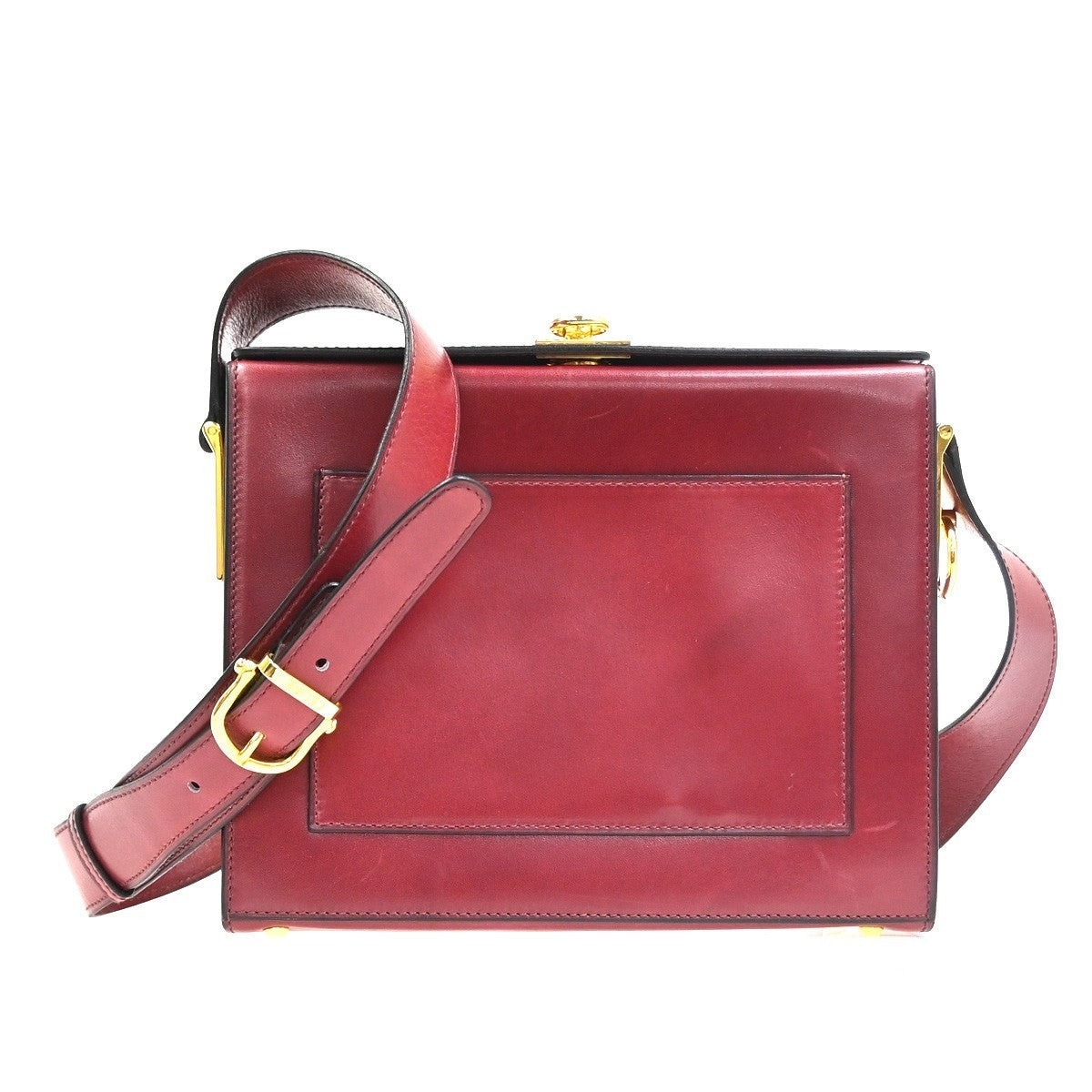 CELINE Logo Ring Shoulder Box Bag Leather Burgundy Italy GHW 38CA859