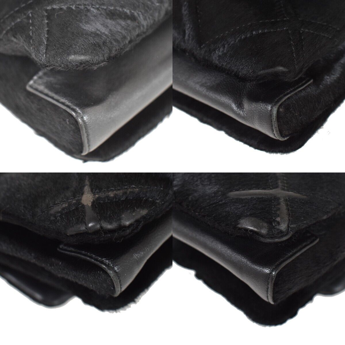 SALVATORE FERRAGAMO Vara Chain Shoulder Bag Fur Leather Black Gold Italy 67GA804