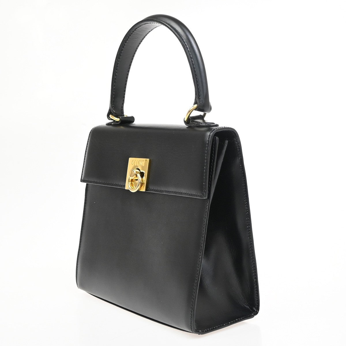 CELINE Logo Top Handle Hand Bag Leather Black GHW Italy 76EG223