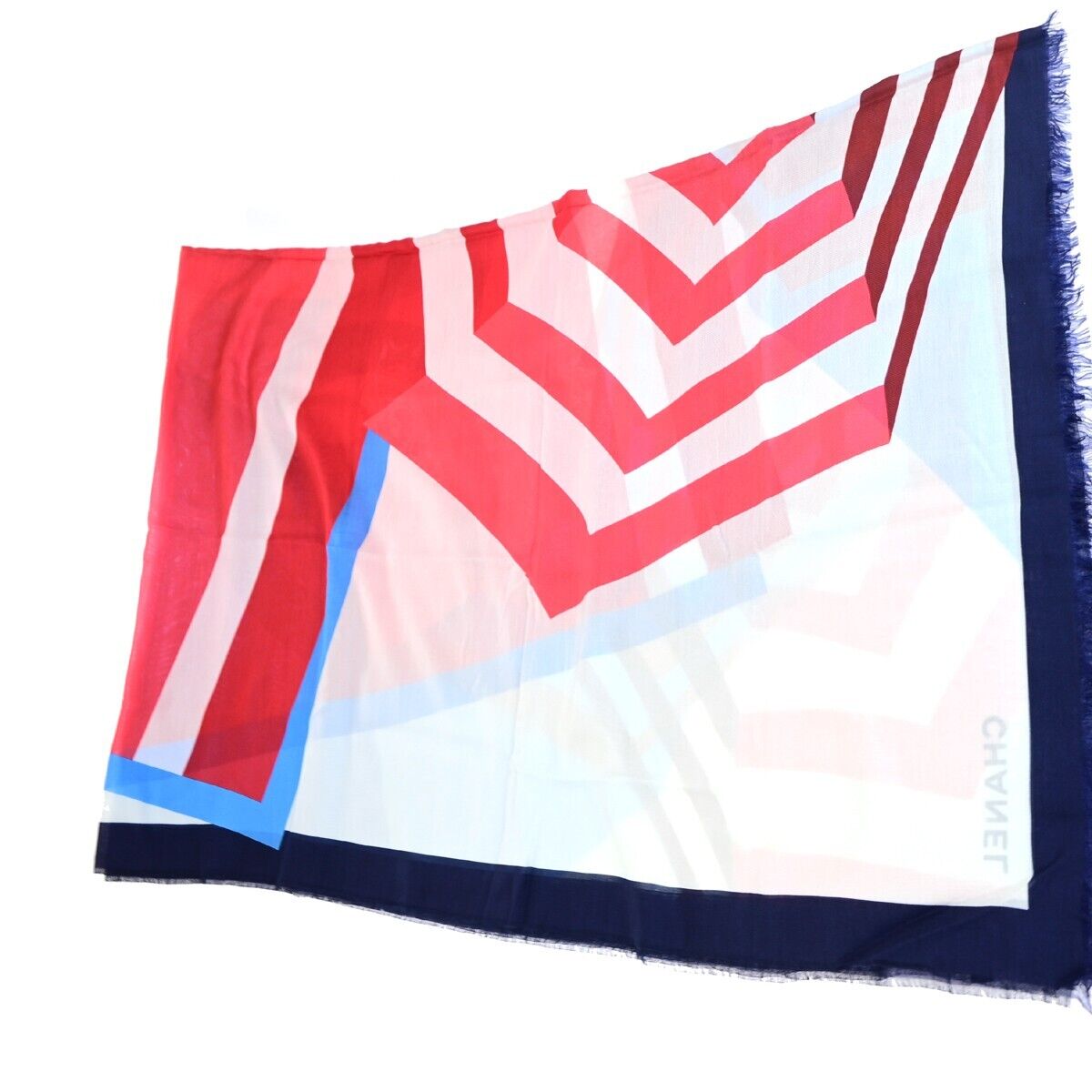 CHANEL CC Logo XL Scarf Cotton Silk Navy Blue Red Made In Italy 68KA319