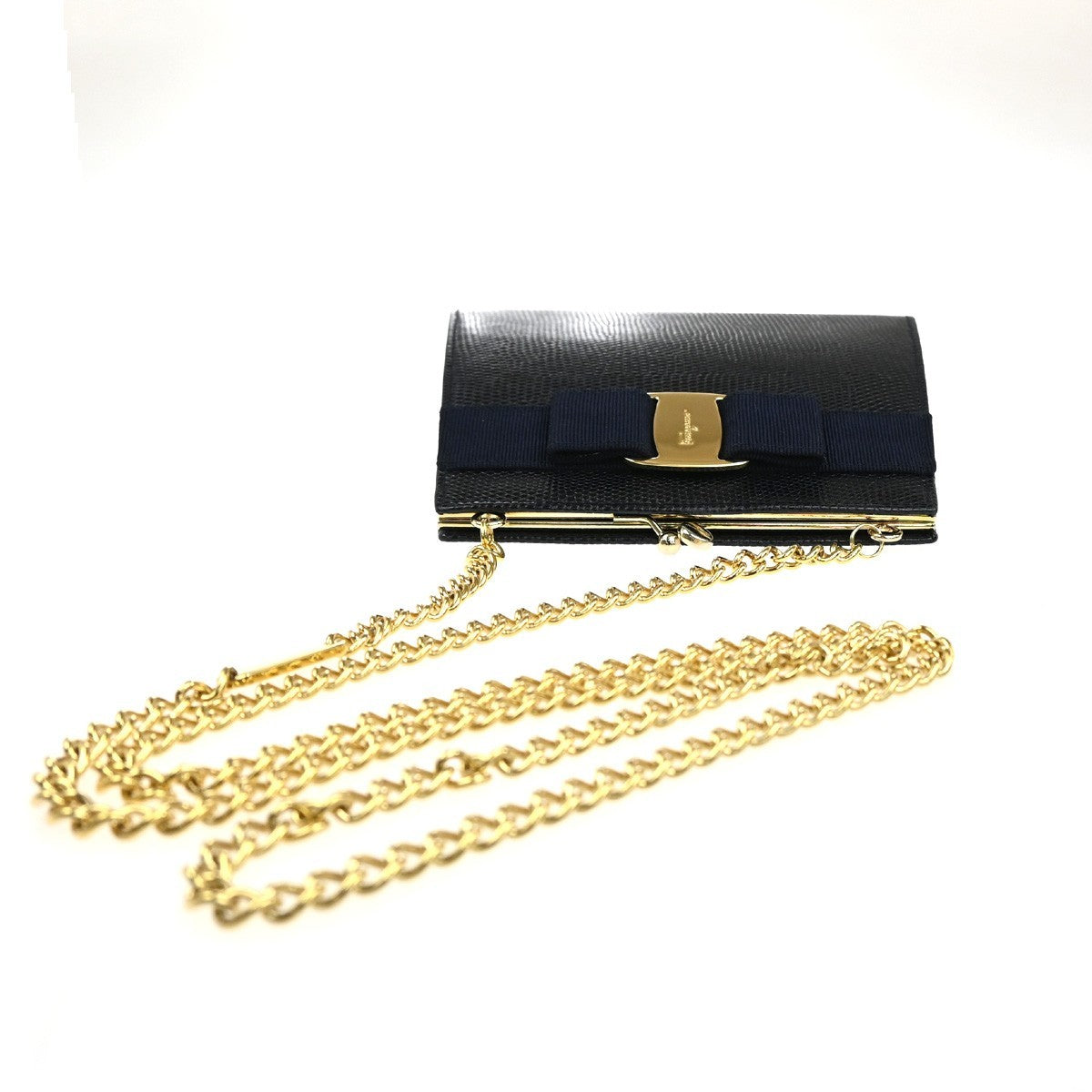 SALVATORE FERRAGAMO Shoulder Bag Embossing Leather Navy Blue GHW Italy 38MA199