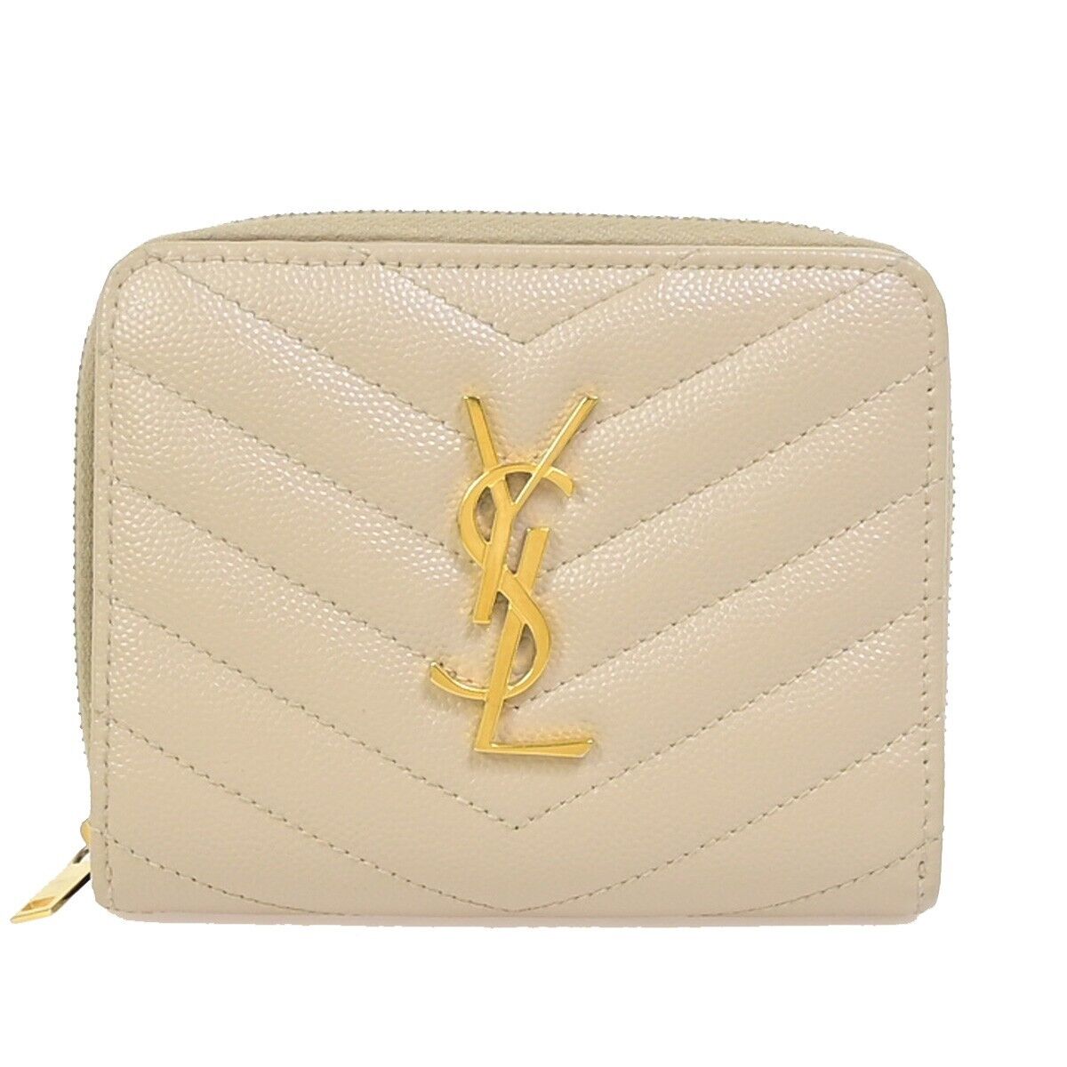 SAINT LAURENT YSL Logo Compact Bifold Wallet Purse Leather Beige GHW 38EC602