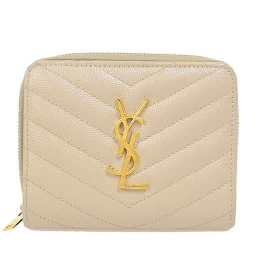SAINT LAURENT YSL Logo Compact Bifold Wallet Purse Leather Beige GHW 38EC602