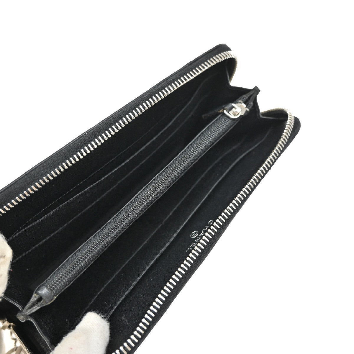 CHANEL CC Logo V-stitch Zip Around Long Wallet Leather Black Silver 77RF674