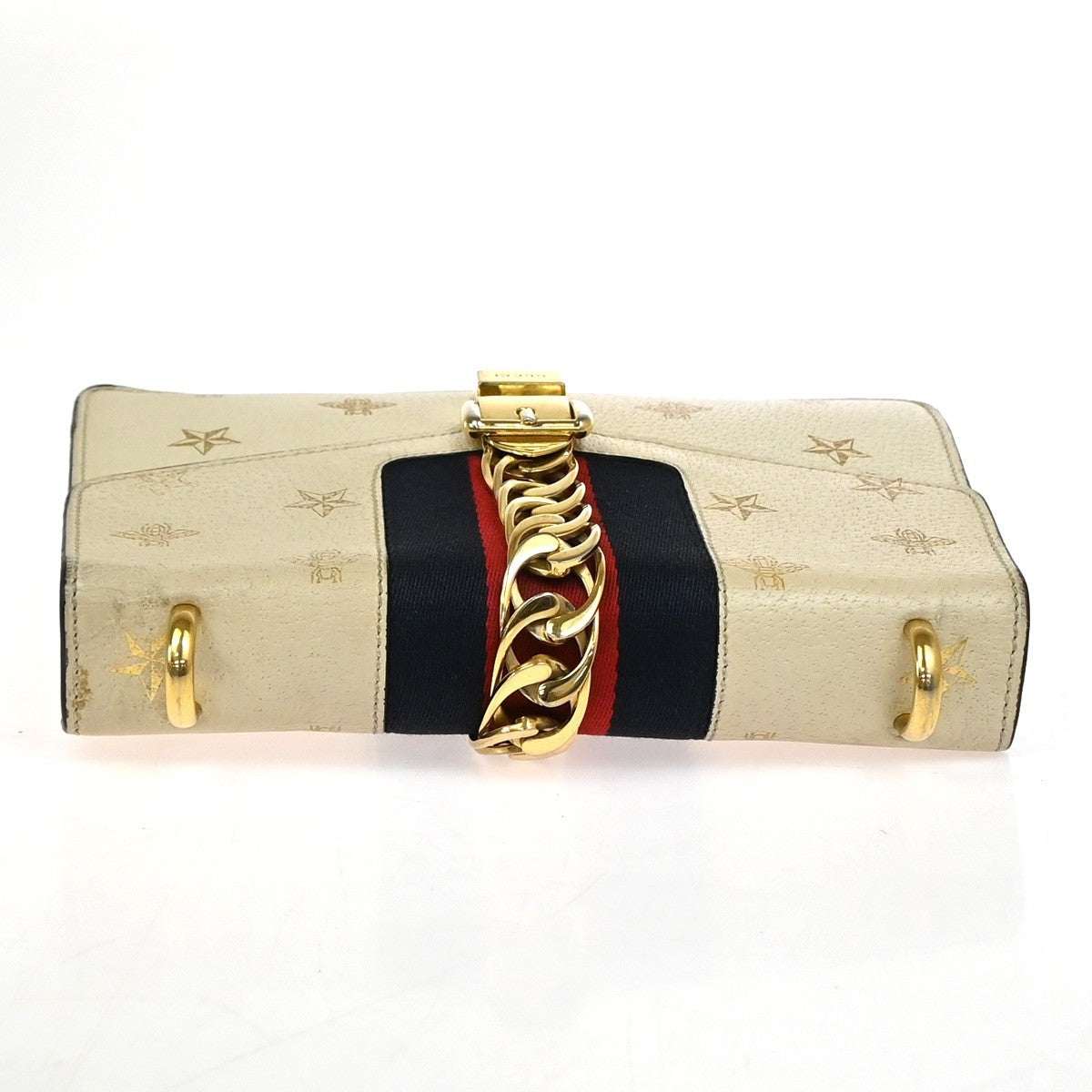 GUCCI Logo Bee Star Print Sylvie Shoulder Bag Leather Web Ribbon Ivory 71YJ087