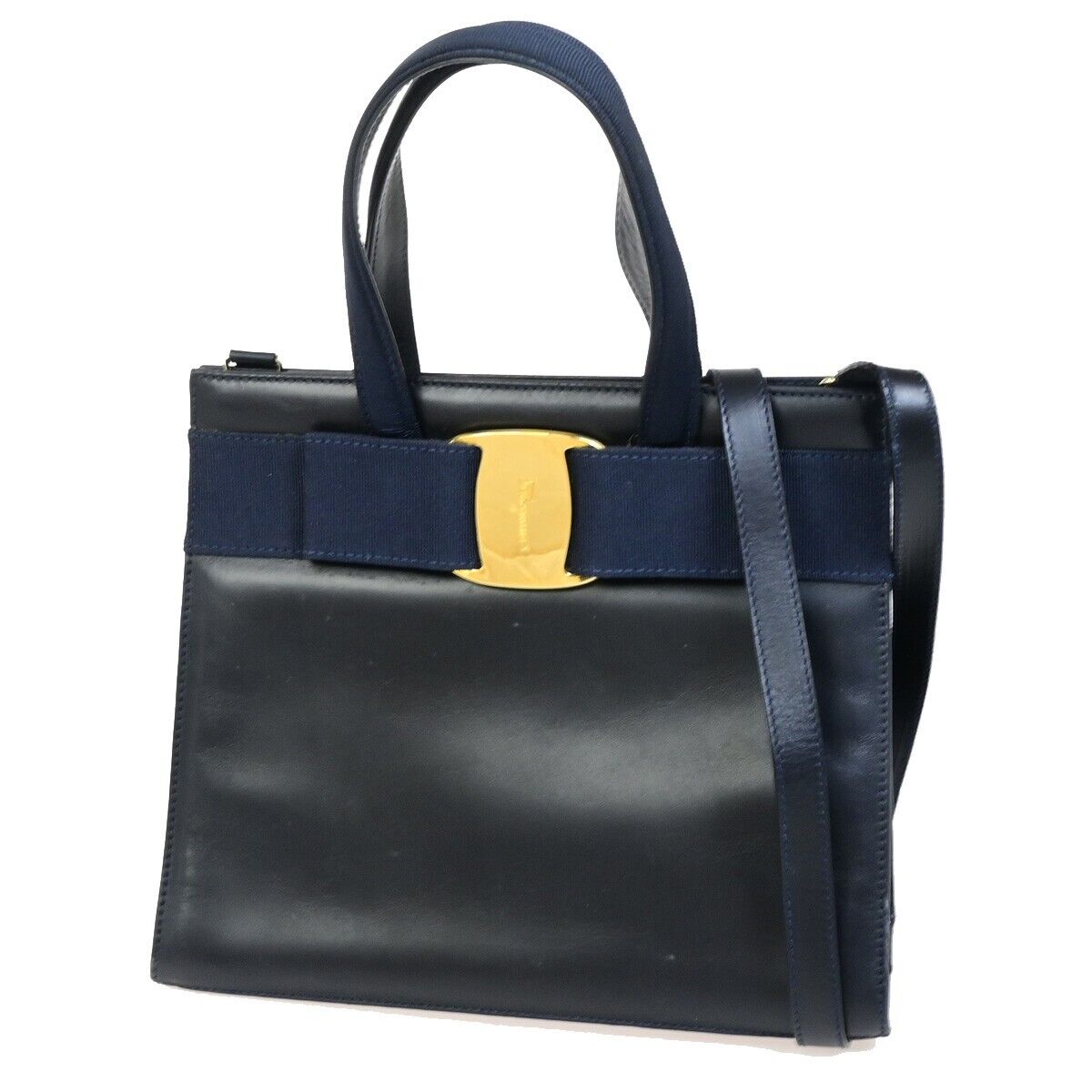 SALVATORE FERRAGAMO LOGO Vara 2Way Hand Bag Leather Canvas Navy Blue 65FA942