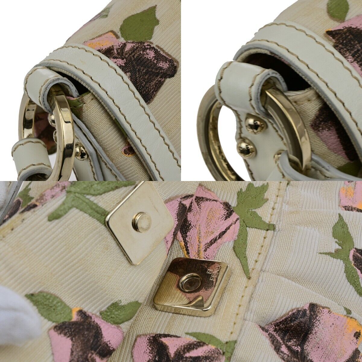 FENDI Logo Zucca Pattern Flower Hand Bag Canvas Leather Beige Pink Italy 88ED405