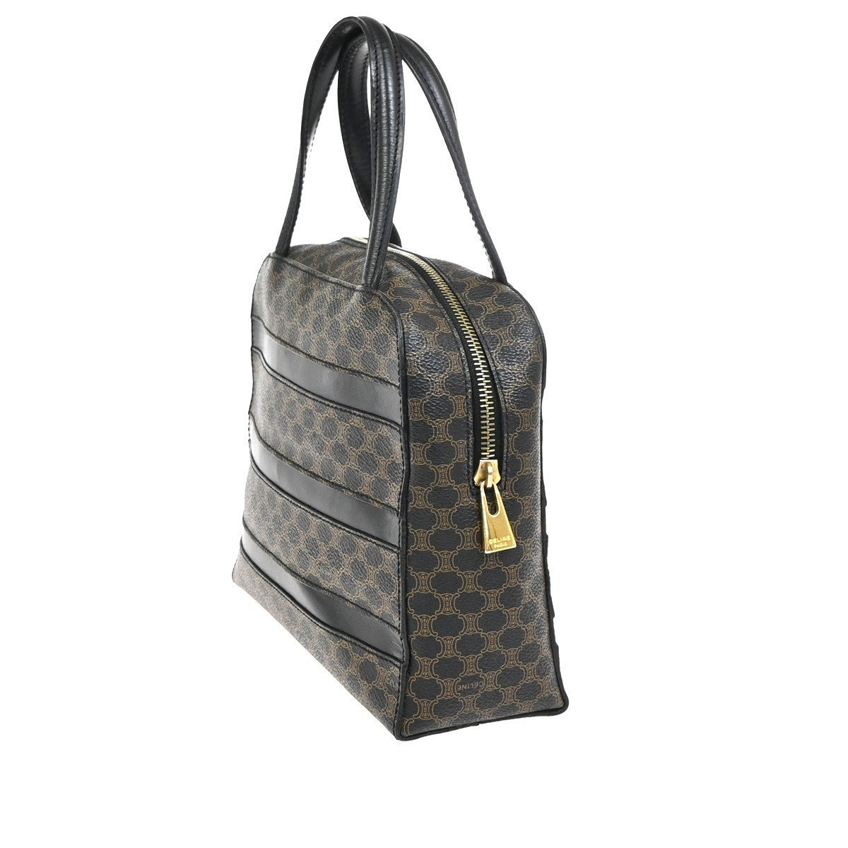 CELINE Logo Macadam Hand Bag PVC Leather Black  Brown GHW Italy 67KD092