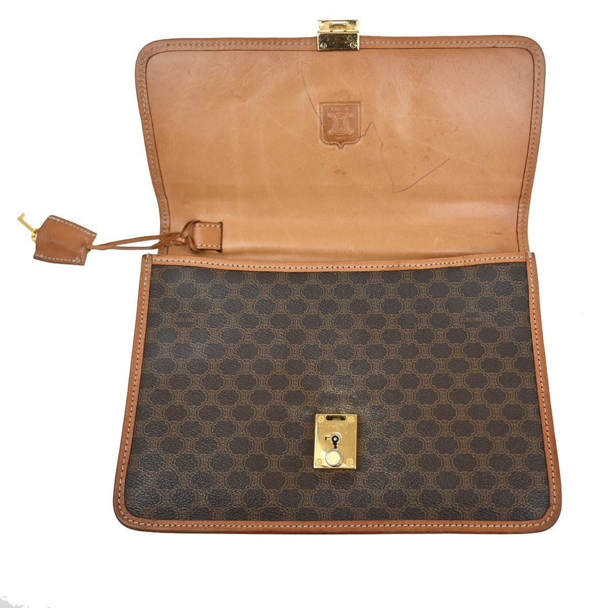 31.Live CELINE Macadam Pattern Clutch Hand Bag PVC Leather Brown GHW 60TA330