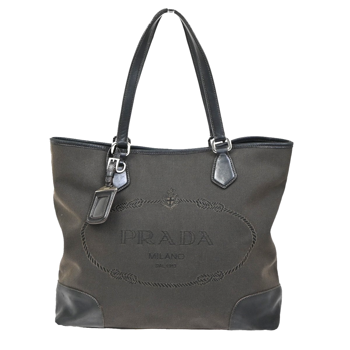 PRADA Logo Jacquard Shoulder Hand Bag Canvas Leather Brown Black GHW 64ZA263