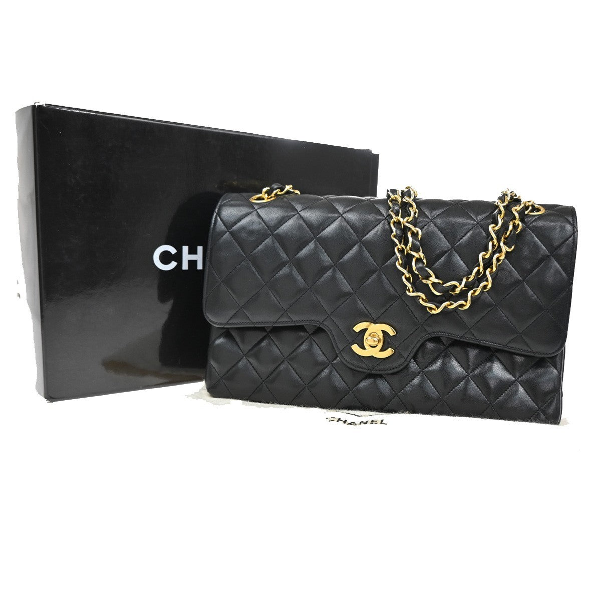CHANEL CC Matelasse 25 Double Flap Chain Shoulder Bag Leather Black GHW 357RL460