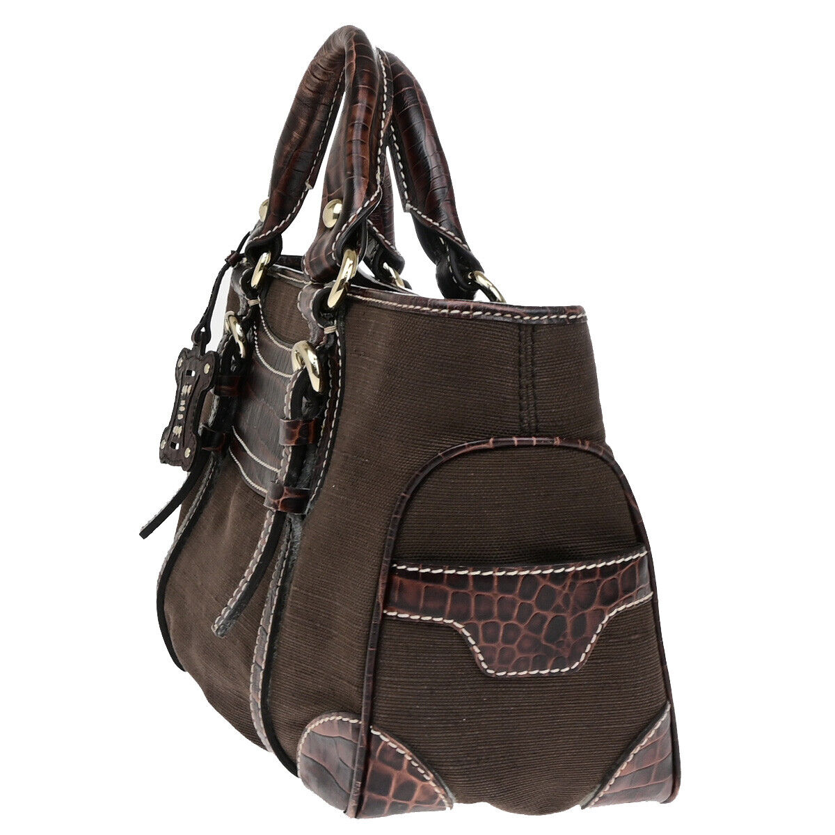 CELINE Boogie Macadam Charm Hand Tote Bag Canvas Embossing Leather Brown 69YF305