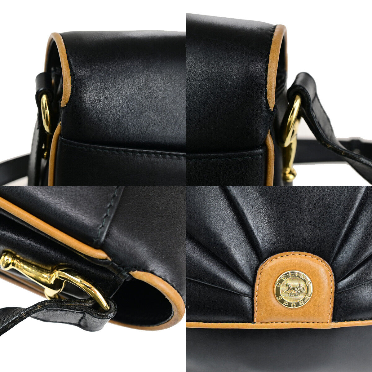 CELINE Logo Horse Carriage Shoulder Bag Leather Black GHW Italy 37YG546
