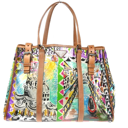 PRADA Venetian Print Shoulder Tote Bag Vinyl Leather Brown SHW Italy 37KD059