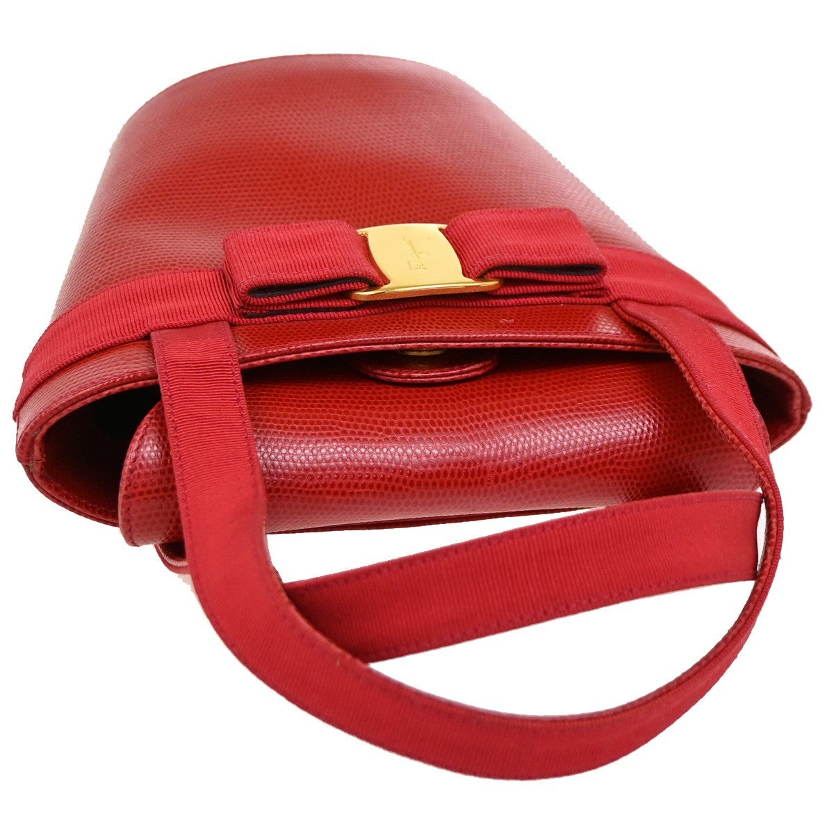 SALVATORE FERRAGAMO Vara Bow Bucket Handbag Embossed Leather Red GHW 62DA271