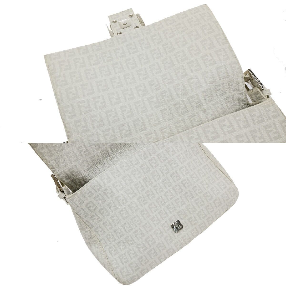 FENDI Logo Mamma Zucchino Pattern Chain Shoulder Bag PVC White Silver 18KA550